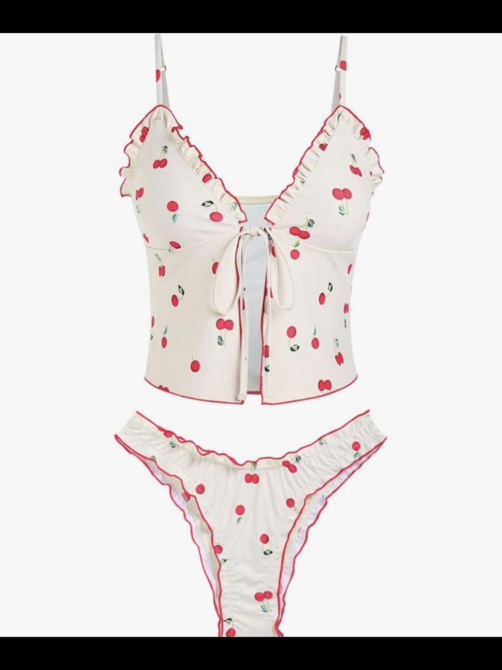 White Cherry-Print Ruffle Tankini Swimsuit with Red Trim